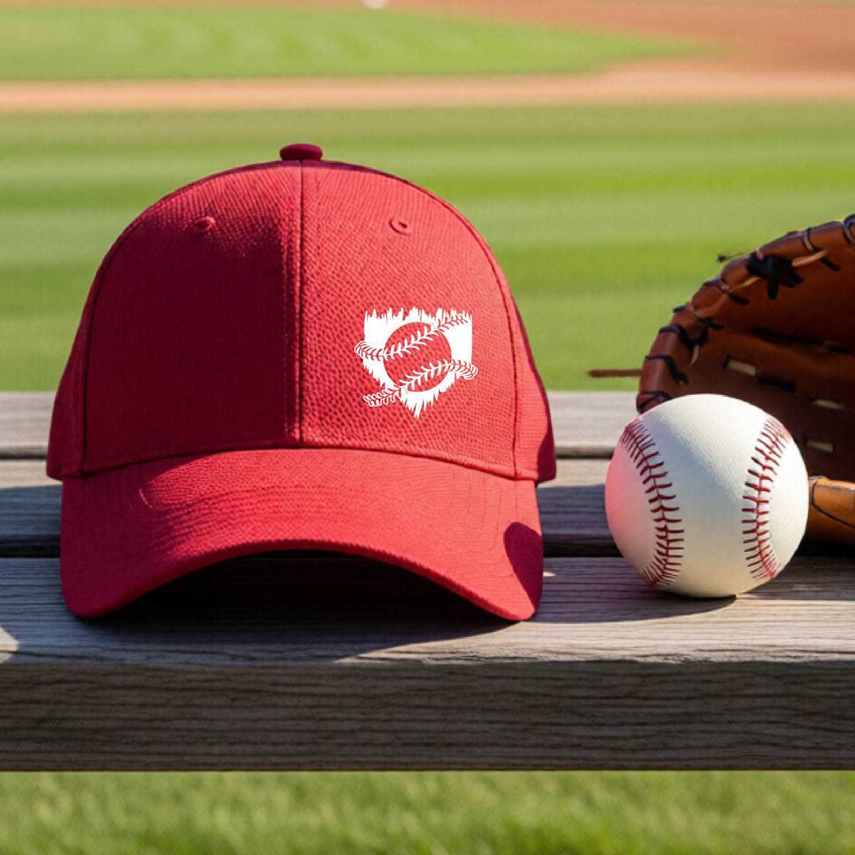 A close-up of a red baseball hat on an outdoor bench in front of a baseball diamond, with an artistic white graphic of a sketch of baseball home plate with baseball stitches across the front, printed on the front of the shirt.