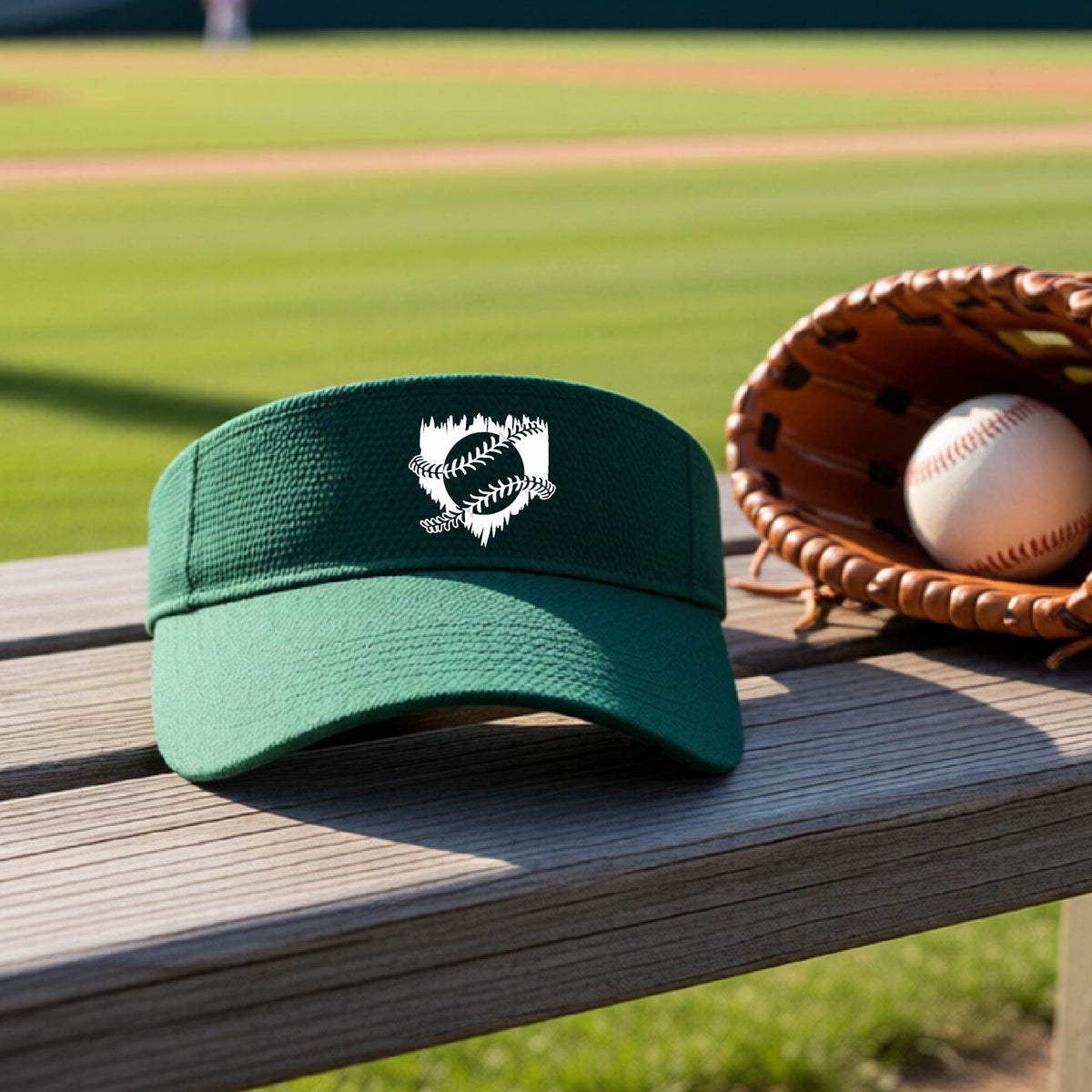 A close-up of a green baseball visor on an outdoor bench in front of a baseball diamond, with an artistic white graphic of a sketch of baseball home plate with baseball stitches across the front, printed on the front of the shirt.