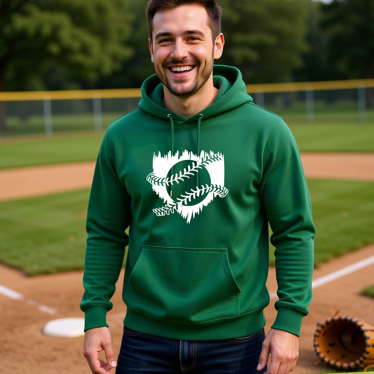 A man smiling in front of a baseball diamond wearing a green pullover hoodie, with an artistic white graphic of a sketch of baseball home plate with baseball stitches across the front, printed on the front of the shirt.