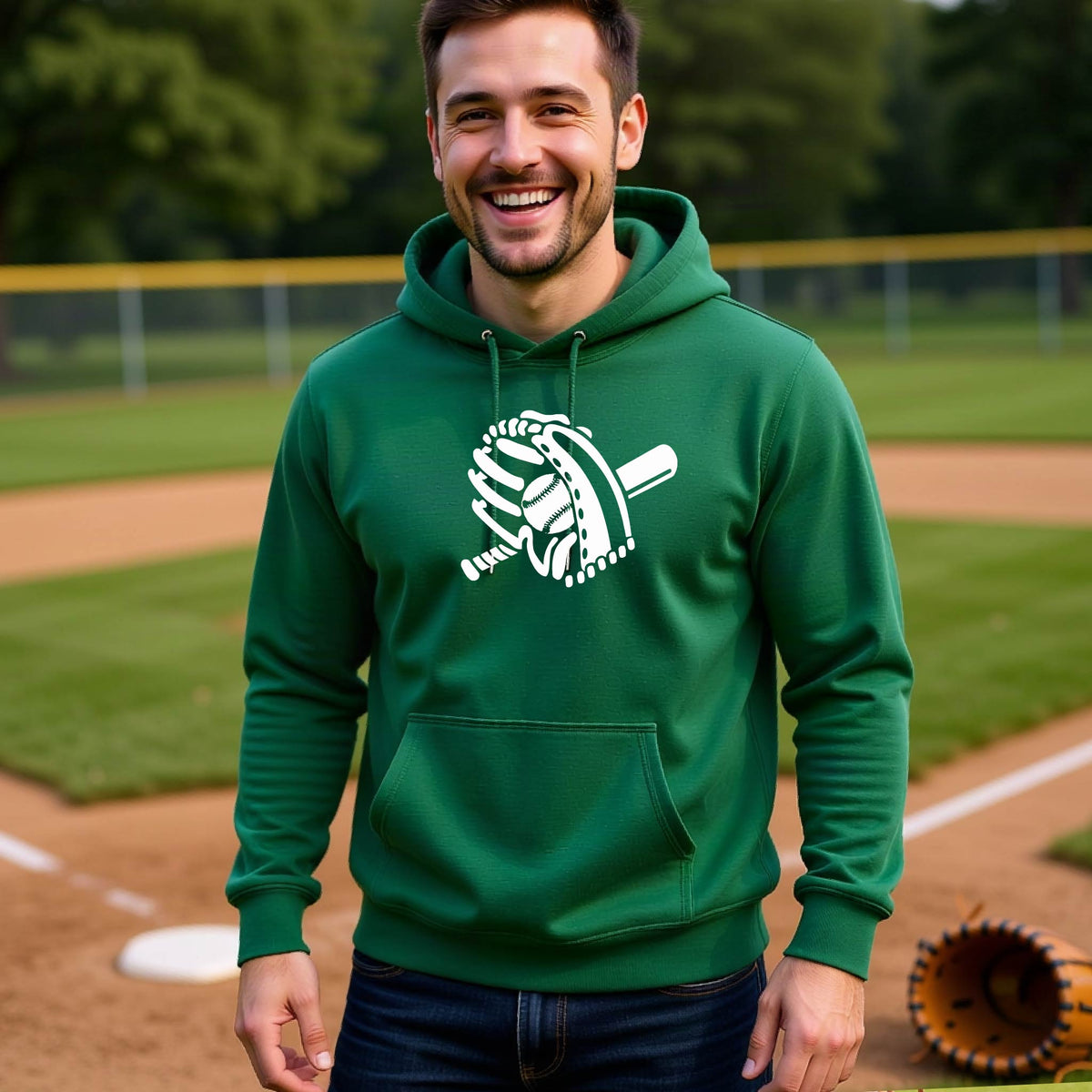 A man smiling in front of a baseball diamond wearing a green hoodie pullover with a white graphic of baseball itt, bat and ball, printed on the front.