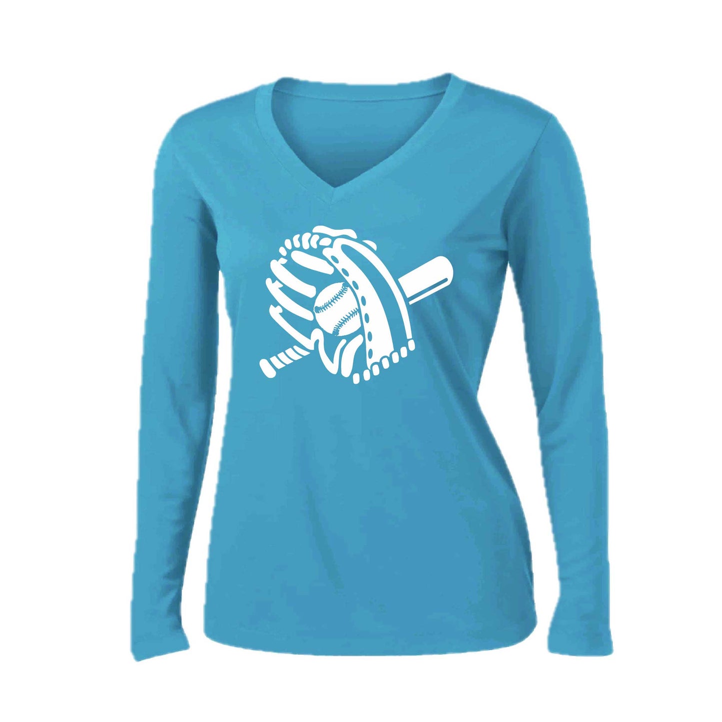 Baseball Mitt | Women’s Long Sleeve V-Neck Baseball Performance T-Shirt | 100% Polyester