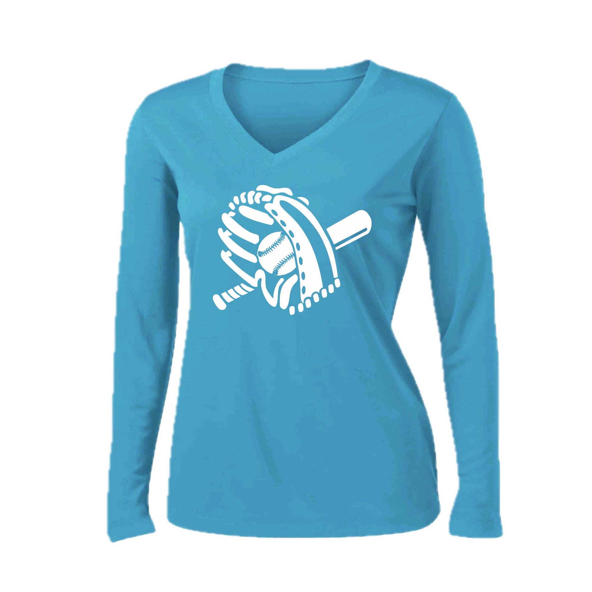 Baseball Mitt | Women’s Long Sleeve V-Neck Baseball Performance T-Shirt | 100% Polyester