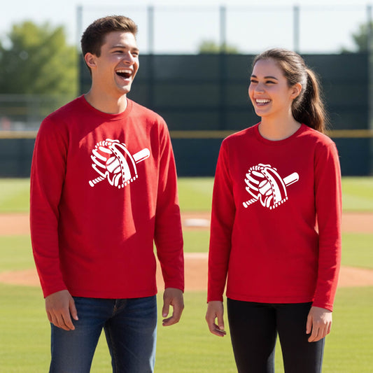 Two young athletes wearing matching shirts, smiling in front of a baseball diamond wearing red long-sleeve t-shirts with a white graphic of baseball mitt, bat and ball, printed on the front.