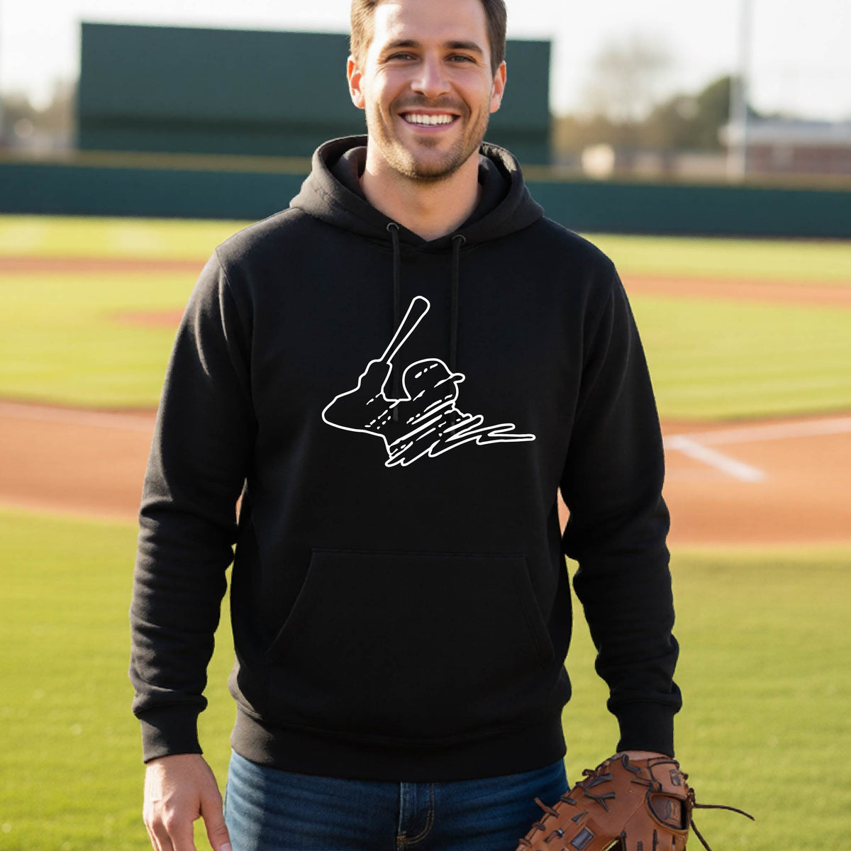 A man smiling in front of a baseball diamond wearing a black hoodie pullover, with a white graphic of an outline of a baseball player up to bat, printed on the front.