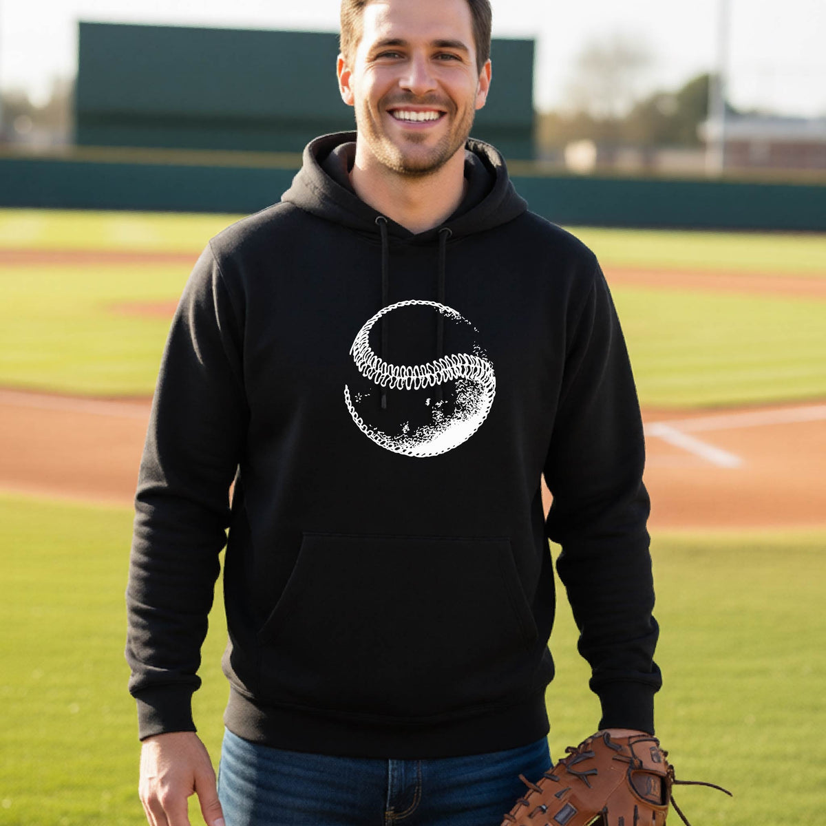 A man smiling in front of a baseball diamond wearing a black hoodie pullover, with a white artistic graphic of a baseball, printed on the front.