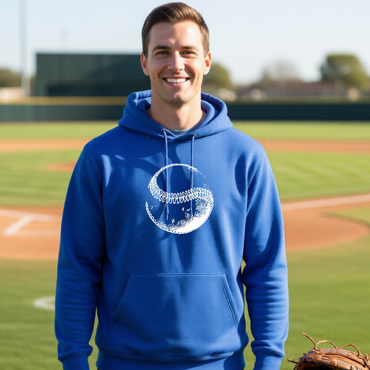 A man smiling in front of a baseball diamond wearing a royal blue hoodie pullover, with a white artistic graphic of a baseball, printed on the front.