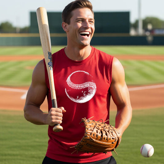 A man smiling in front of a baseball diamond wearing a red sleeveless t-shirt, with a white artistic graphic of a baseball printed on the front.