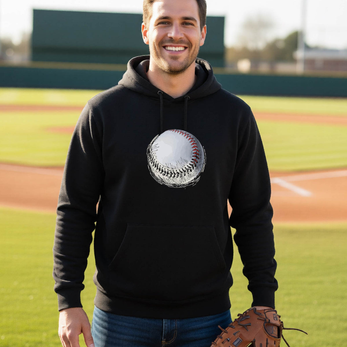 A man smiling in front of a baseball diamond wearing a black hoodie pullover, with a white and red graphic of an outline of a sketched retro baseball, printed on the front.