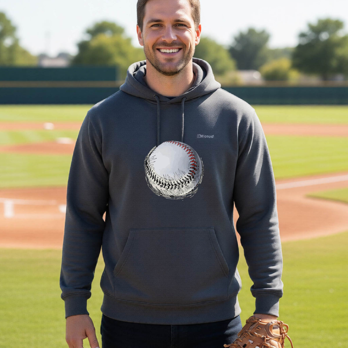 A man smiling in front of a baseball diamond wearing a dark gray hoodie pullover, with a white and red graphic of an outline of a sketched retro baseball, printed on the front.