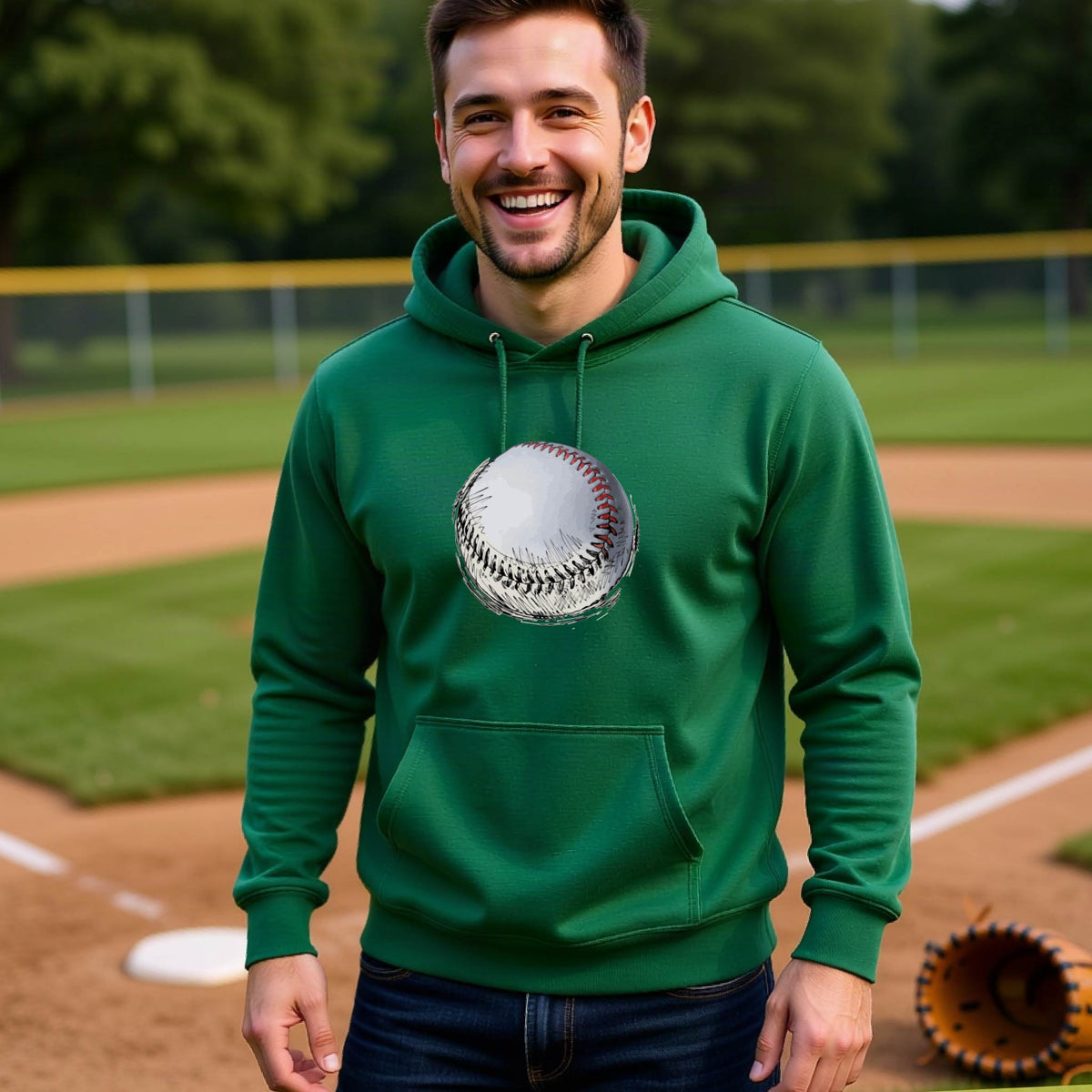 A man smiling in front of a baseball diamond wearing a green hoodie pullover, with a white and red graphic of an outline of a sketched retro baseball, printed on the front.