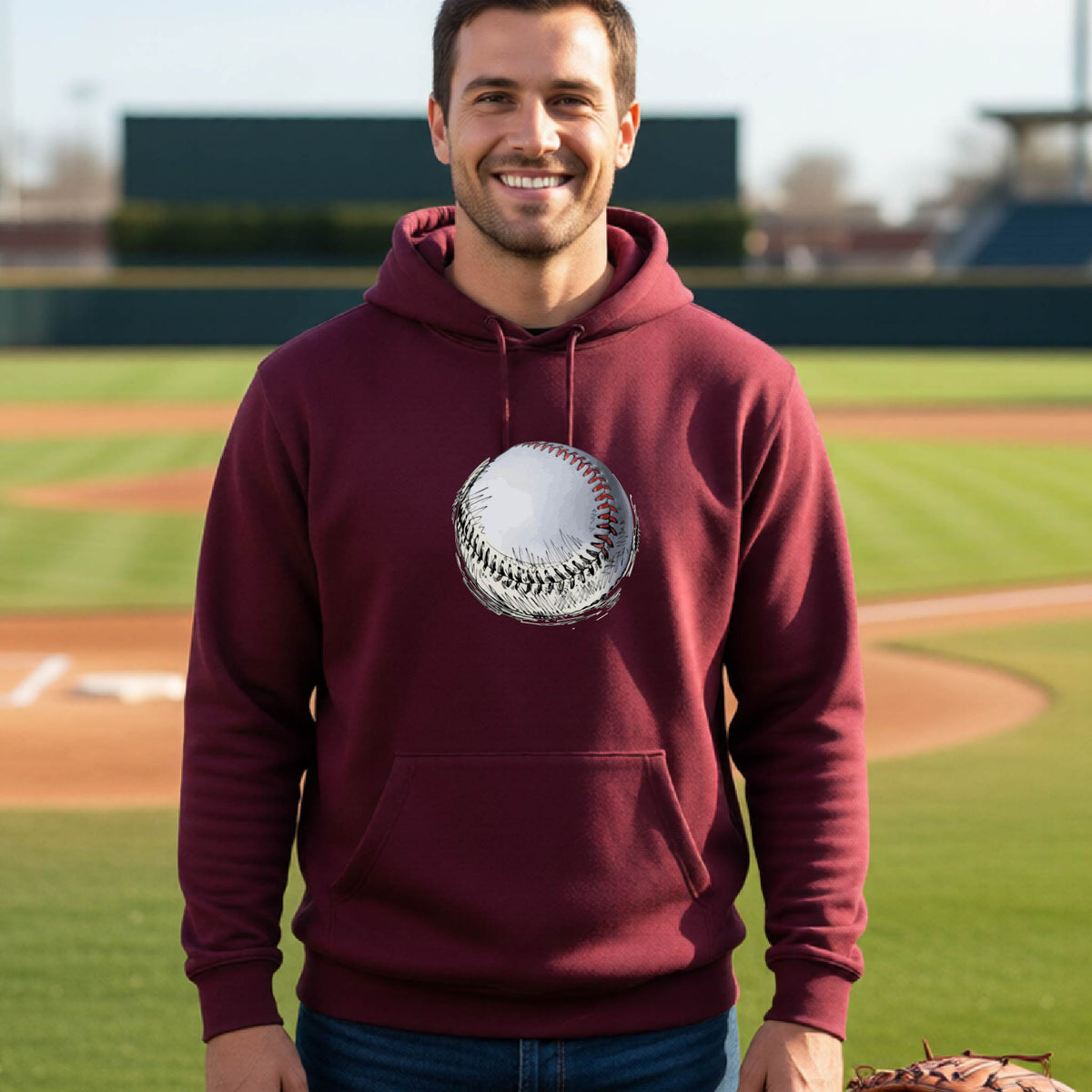 A man smiling in front of a baseball diamond wearing a maroon hoodie pullover, with a white and red graphic of an outline of a sketched retro baseball, printed on the front.