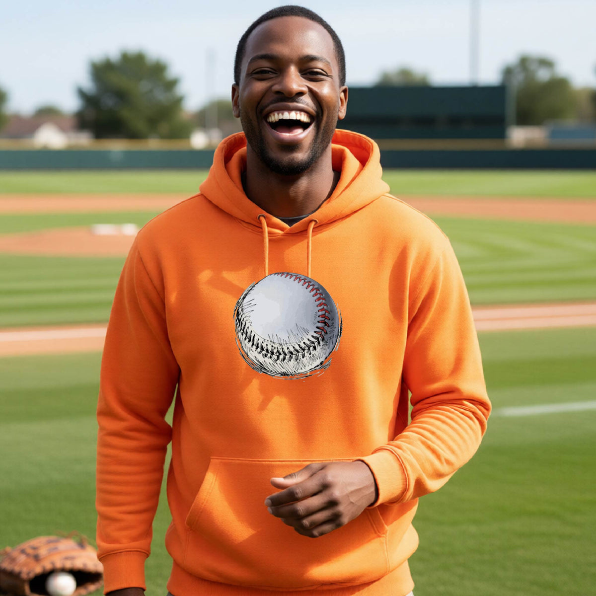 A man smiling in front of a baseball diamond wearing an orange hoodie pullover, with a white and red graphic of an outline of a sketched retro baseball, printed on the front.
