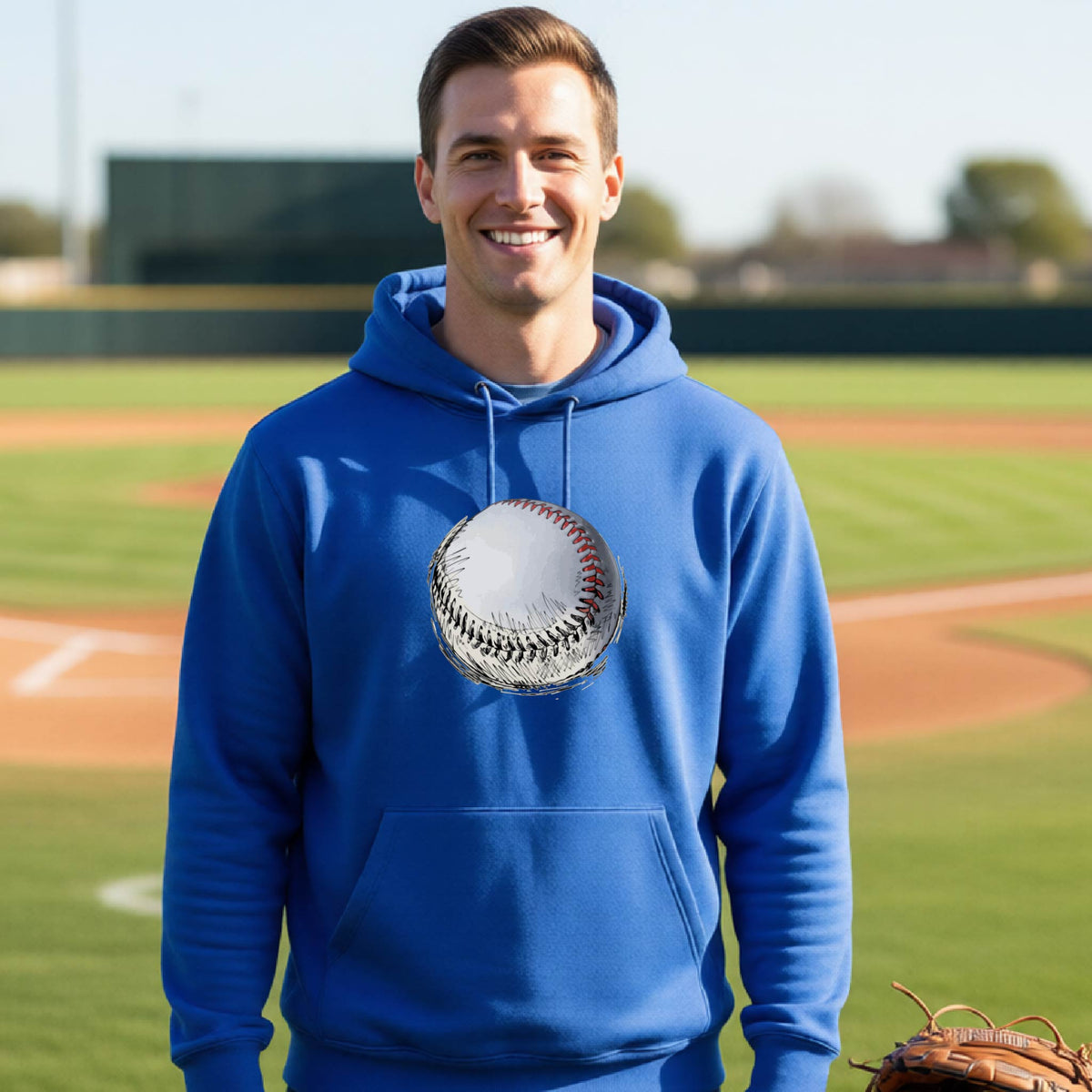 A man smiling in front of a baseball diamond wearing a royal blue hoodie pullover, with a white and red graphic of an outline of a sketched retro baseball, printed on the front.