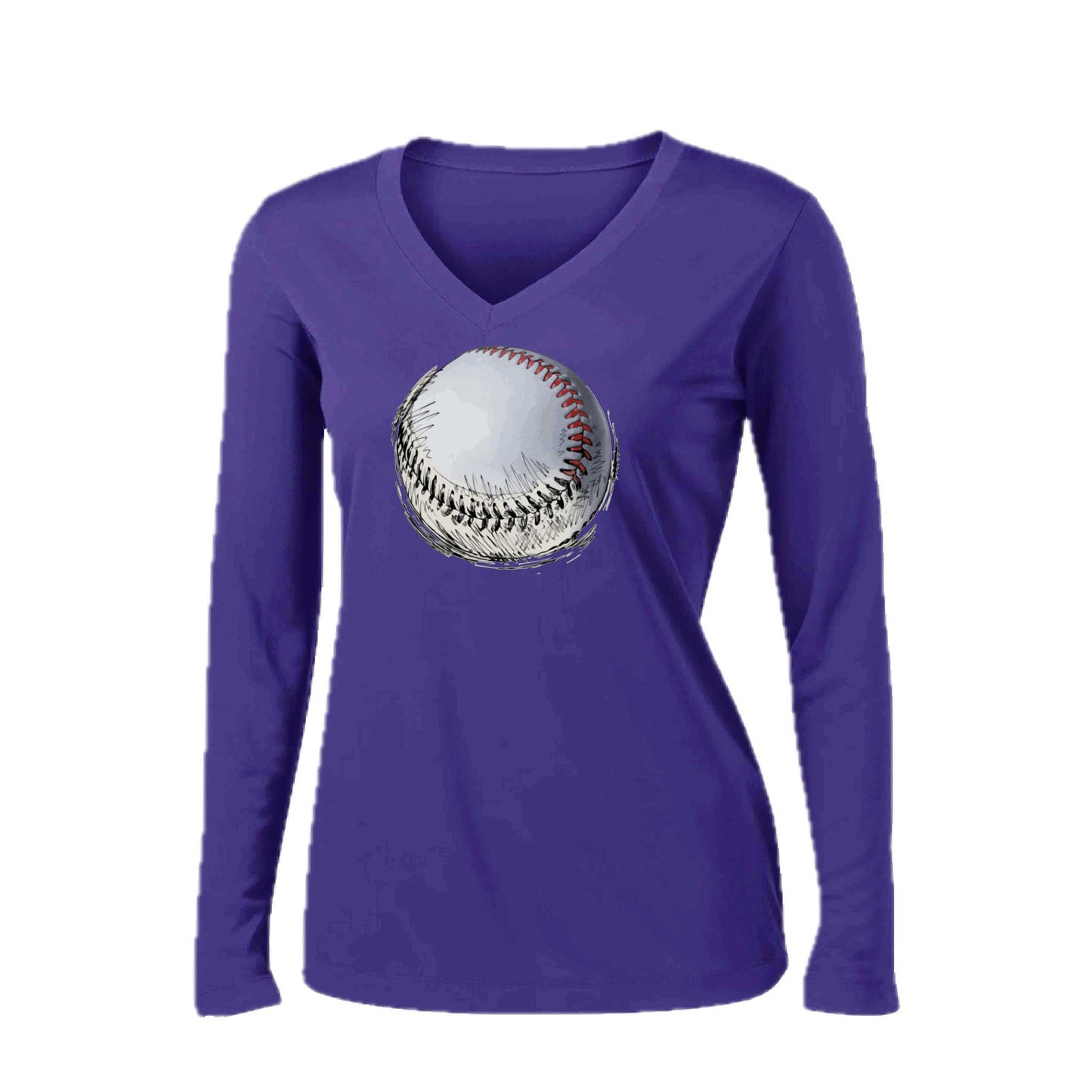 Baseball Sketched | Women’s Long Sleeve V-Neck Baseball Performance T-Shirt | 100% Polyester