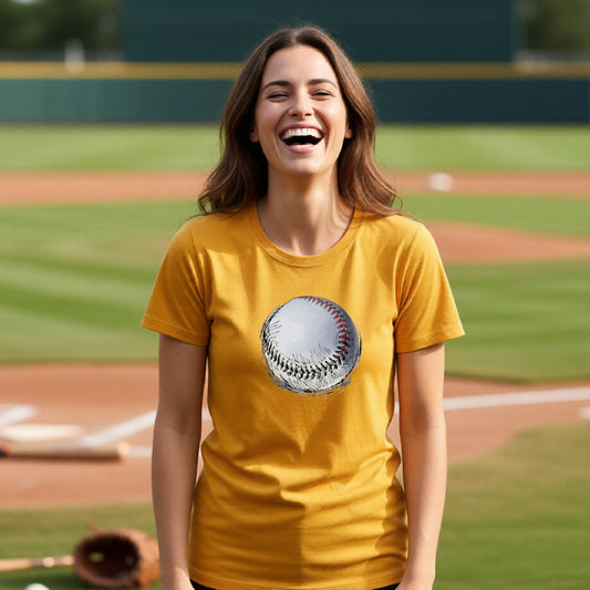 A woman smiling in front of a baseball diamond wearing a gold short-sleeve t-shirt, with a white and red graphic of an outline of a sketched retro baseball, printed on the front.