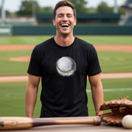 A man smiling in front of a baseball diamond wearing a black short-sleeve t-shirt, with a white and red graphic of an outline of a sketched retro baseball, printed on the front.