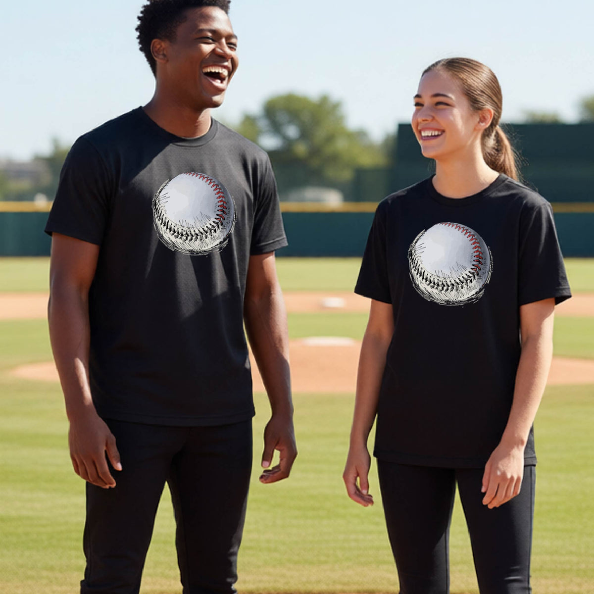 Two youth athletes wearing matching shirts, smiling in front of a baseball diamond wearing black long-sleeve t-shirts with a white and red graphic of a sketched retro baseball, printed on the front.