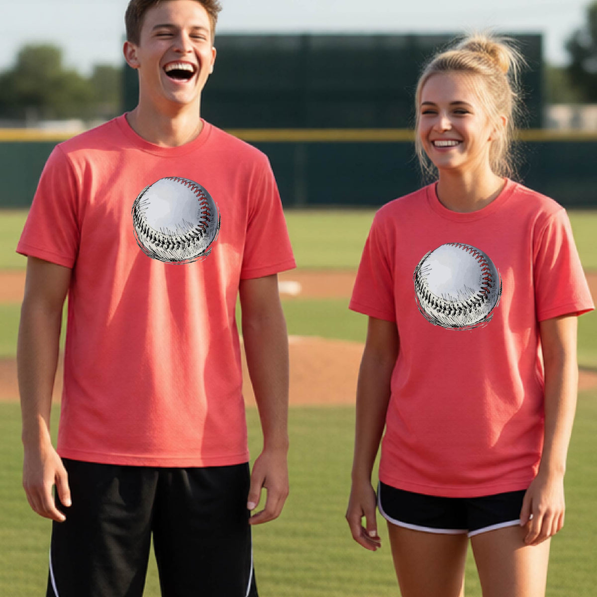 Two youth athletes wearing matching shirts, smiling in front of a baseball diamond wearing coral colored long-sleeve t-shirts with a white and red graphic of a sketched retro baseball, printed on the front.