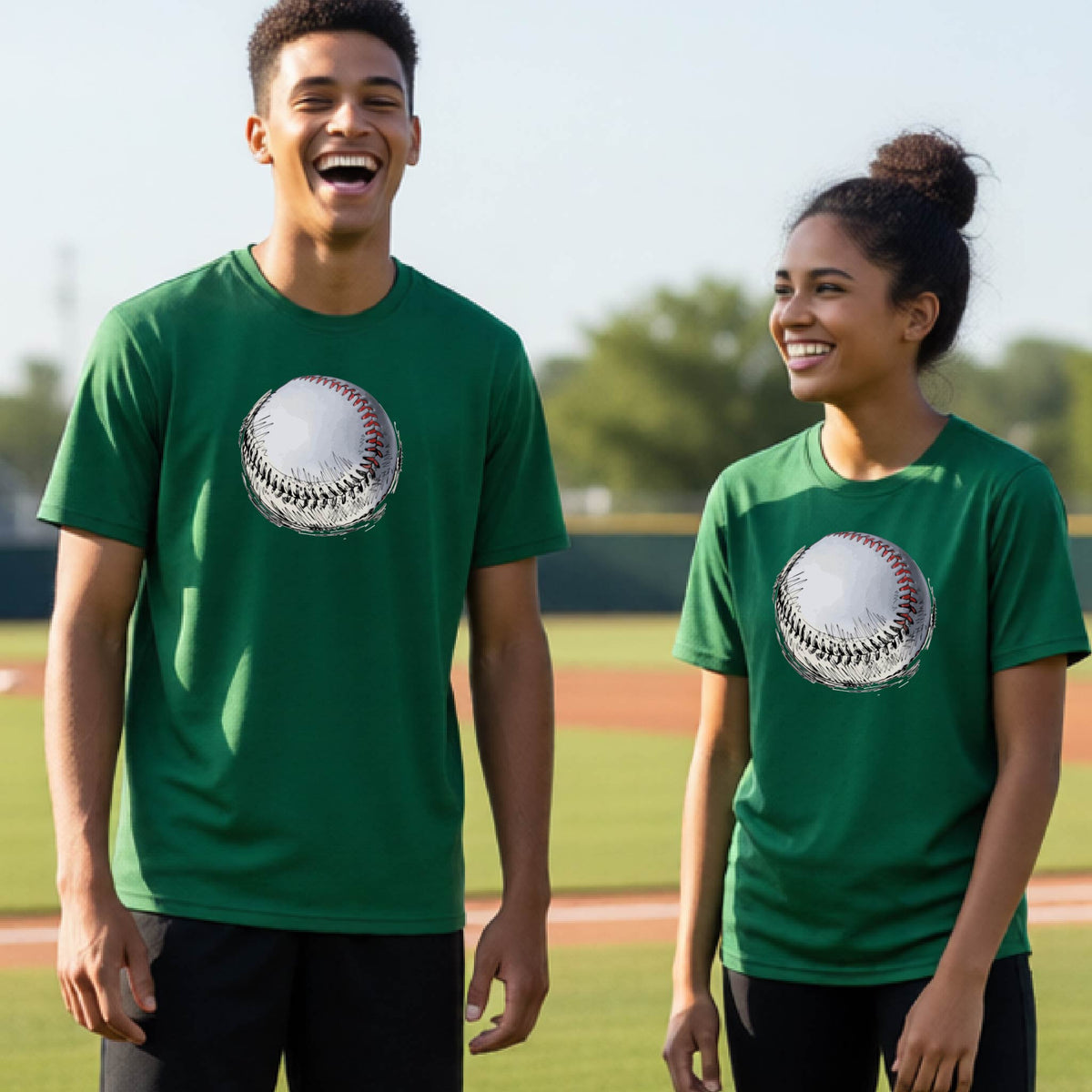 Two youth athletes wearing matching shirts, smiling in front of a baseball diamond wearing green long-sleeve t-shirts with a white and red graphic of a sketched retro baseball, printed on the front.