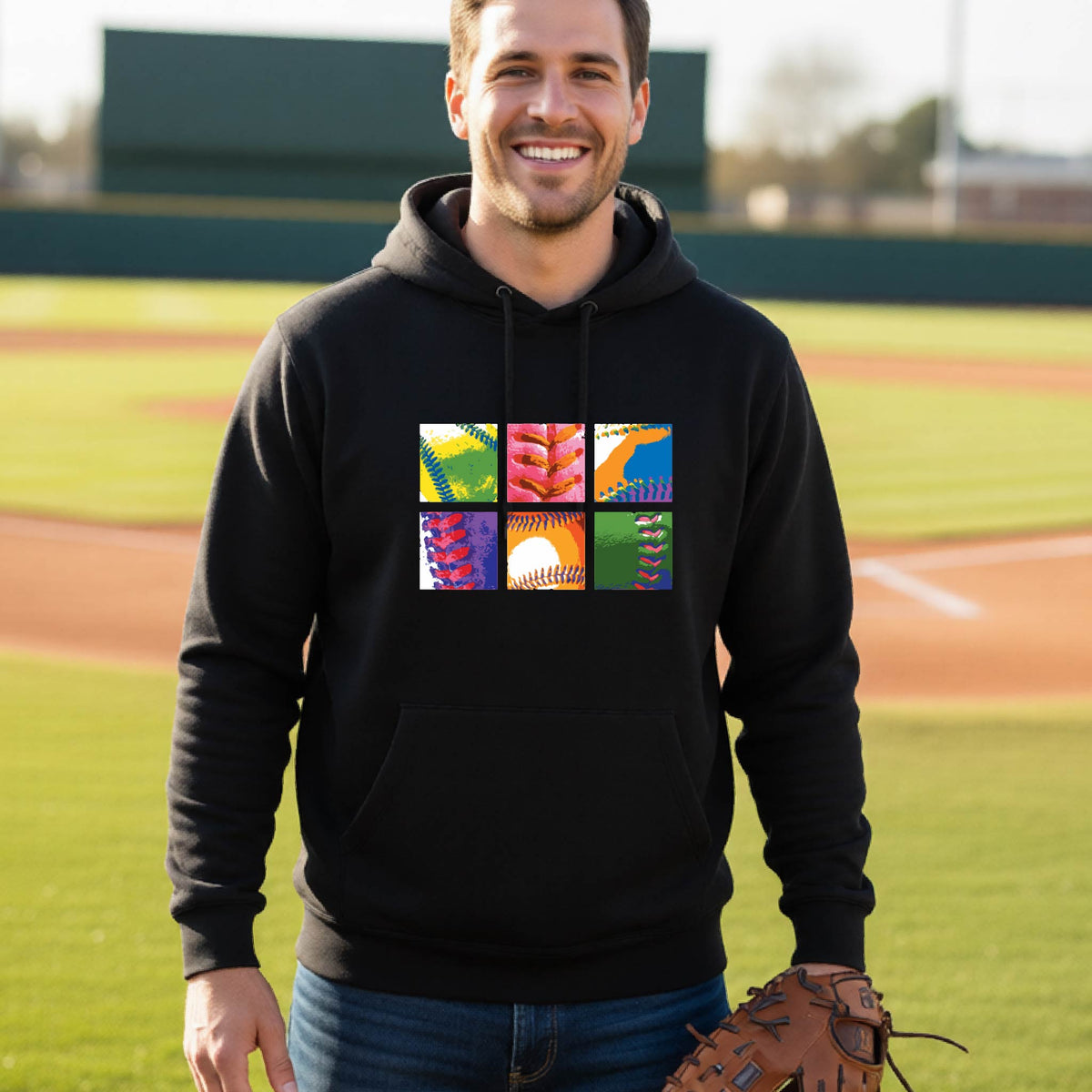 A man smiling in front of a baseball diamond wearing a black hoodie pullover, with a colorful graphic or 2x3 baseball squares of a baseball, printed on the front.