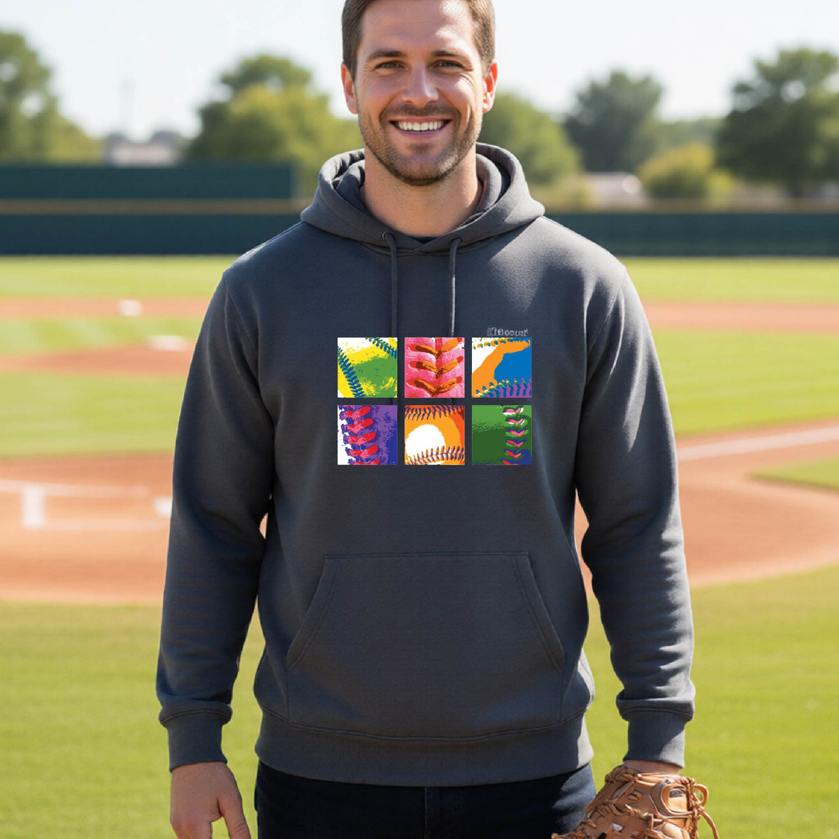 A man smiling in front of a baseball diamond wearing a dark gray hoodie pullover, with a colorful graphic or 2x3 baseball squares of a baseball, printed on the front.