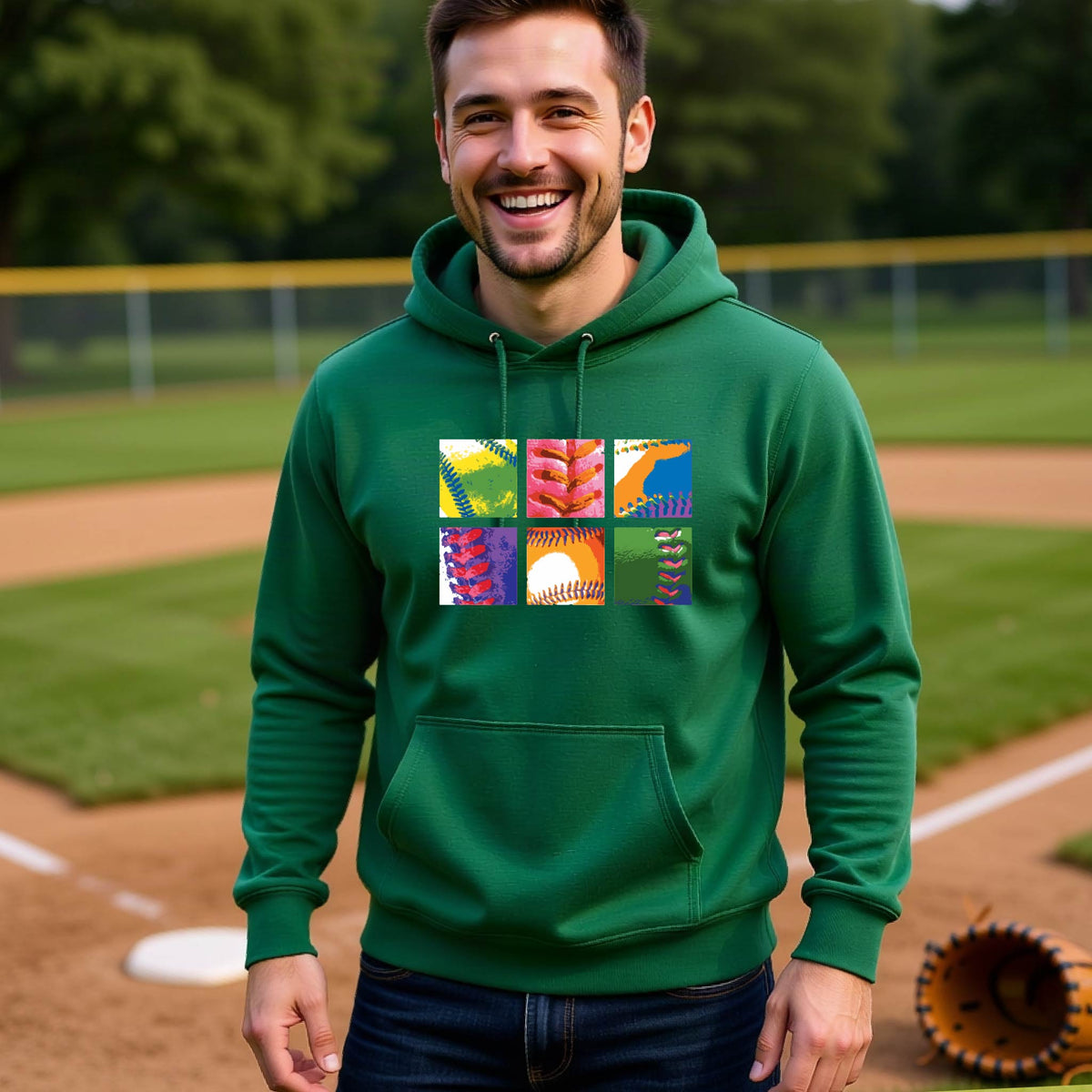 A man smiling in front of a baseball diamond wearing a green hoodie pullover, with a colorful graphic or 2x3 baseball squares of a baseball, printed on the front.