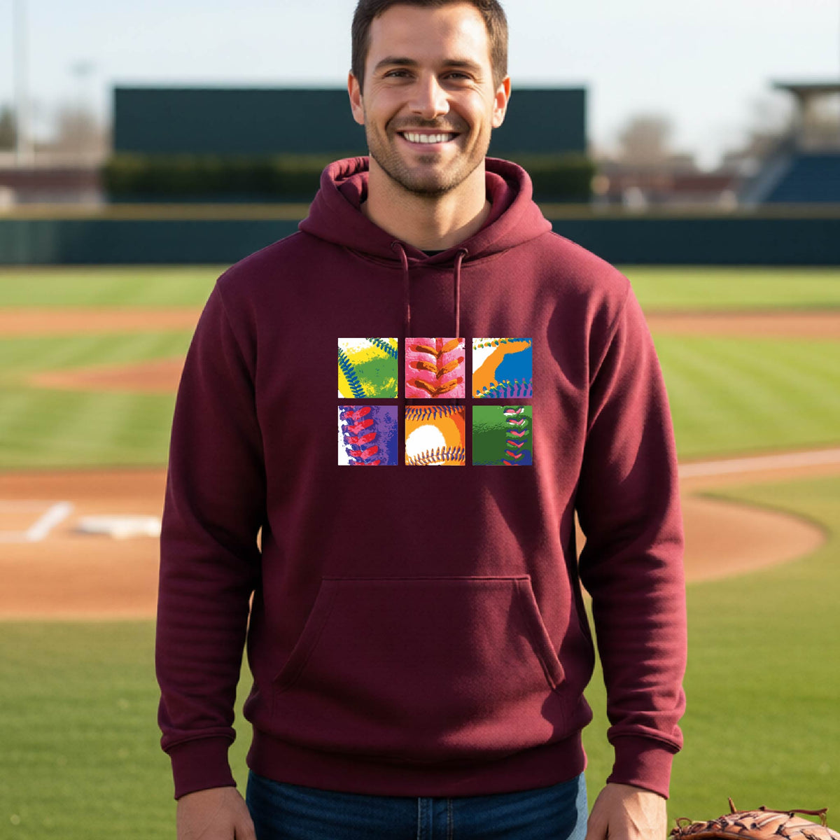 A man smiling in front of a baseball diamond wearing a maroon hoodie pullover, with a colorful graphic or 2x3 baseball squares of a baseball, printed on the front.
