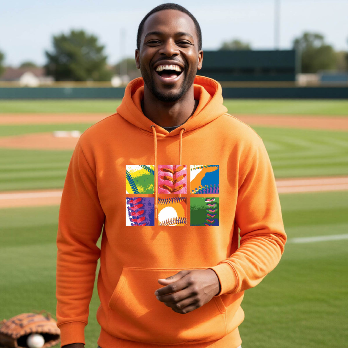 A man smiling in front of a baseball diamond wearing an orange hoodie pullover, with a colorful graphic or 2x3 baseball squares of a baseball, printed on the front.