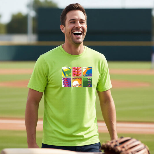 A man smiling in front of a baseball diamond wearing a lime green short-sleeve t-shirt, with a colorful graphic of a 2x3 grid of baseball themed squares, printed on the front.