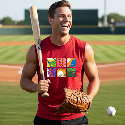 A man smiling on a baseball field wearing a red sleeveless shirt with a colorful 2x3 grid graphic on the chest showing baseball-themed patterns.