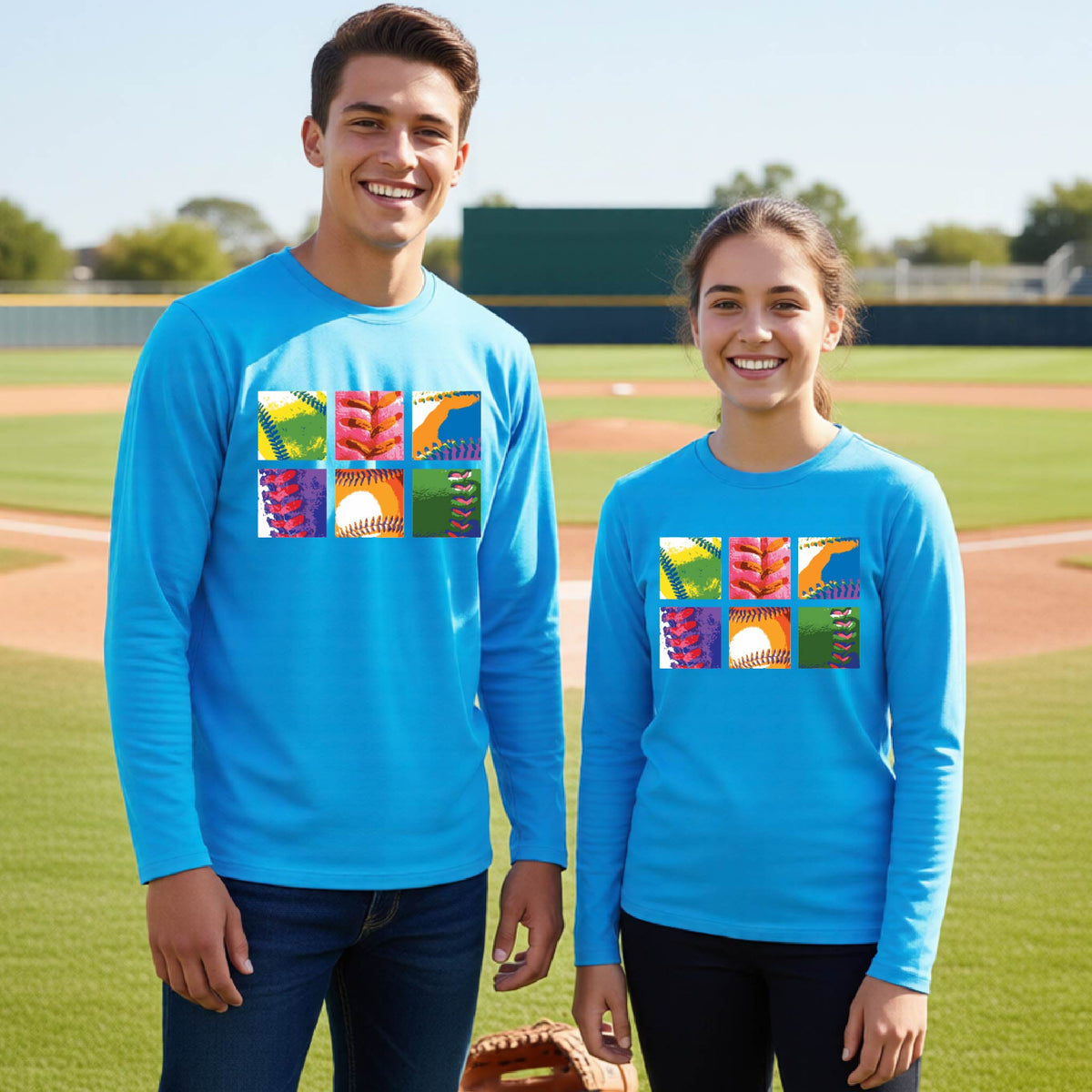 Two youth athletes wearing matching shirts, smiling in front of a baseball diamond wearing bright blue long-sleeve t-shirts with a colorful grid graphic or 2x3 baseball squares of a baseball, printed on the front.