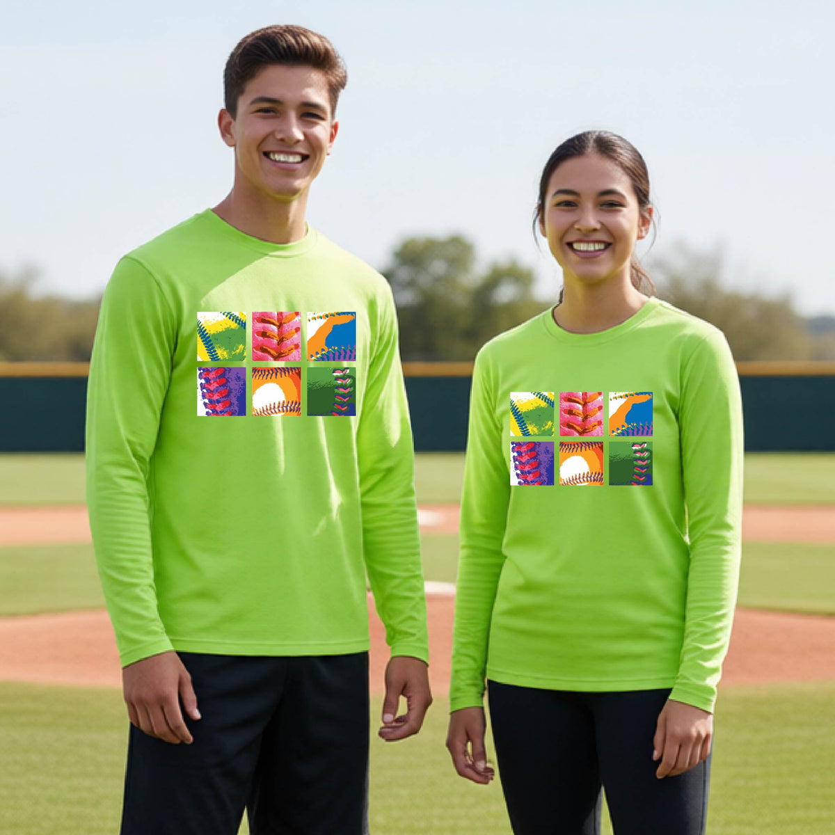 Two youth athletes wearing matching shirts, smiling in front of a baseball diamond wearing lime green long-sleeve t-shirts with a colorful grid graphic or 2x3 baseball squares of a baseball, printed on the front.