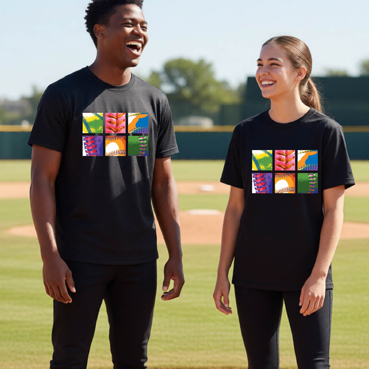 Two youth athletes wearing matching shirts, smiling in front of a baseball diamond wearing black long-sleeve t-shirts with a colorful grid graphic or 2x3 baseball squares of a baseball, printed on the front.