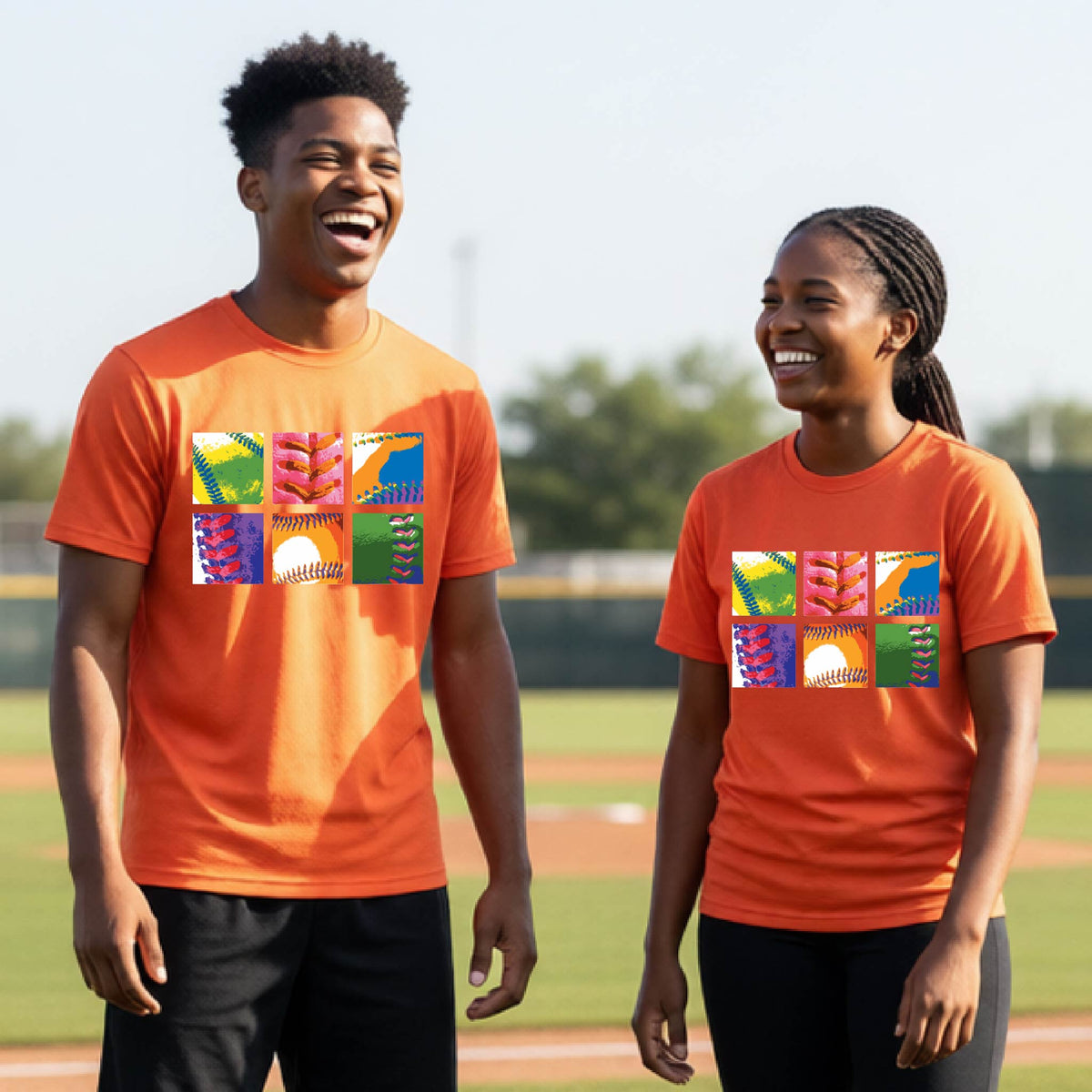 Two youth athletes wearing matching shirts, smiling in front of a baseball diamond wearing orange long-sleeve t-shirts with a colorful grid graphic or 2x3 baseball squares of a baseball, printed on the front.