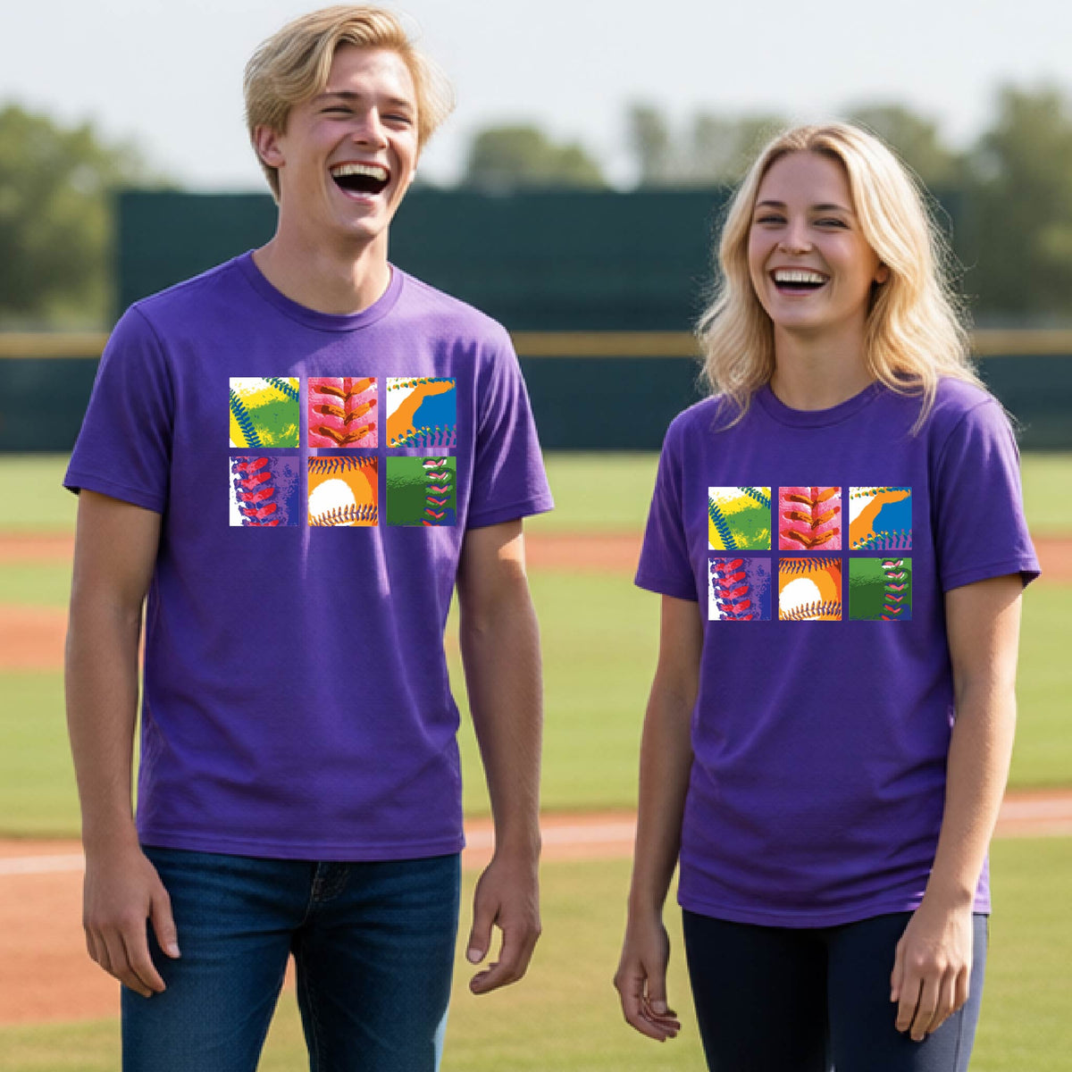 Two youth athletes wearing matching shirts, smiling in front of a baseball diamond wearing purple long-sleeve t-shirts with a colorful grid graphic or 2x3 baseball squares of a baseball, printed on the front.