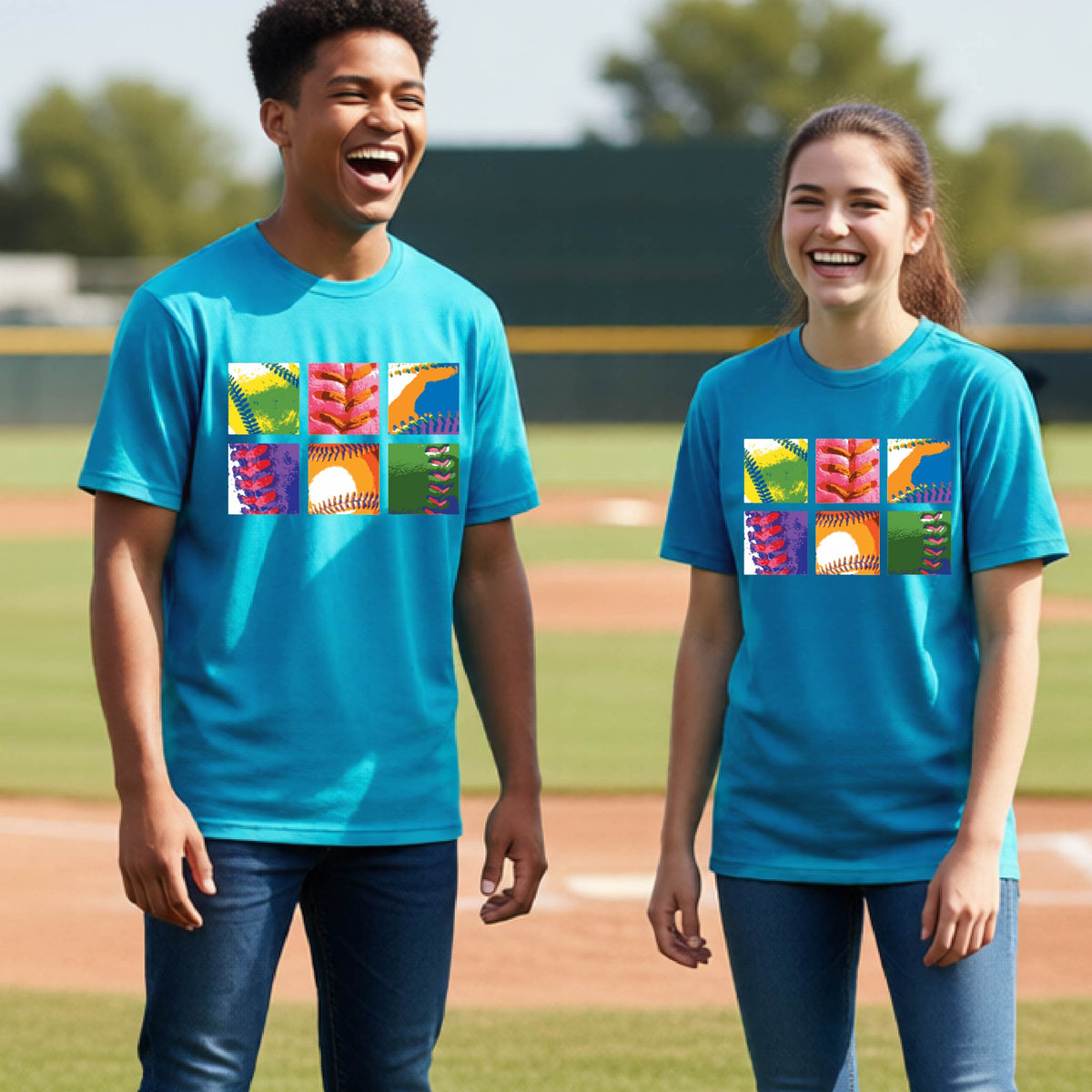 Two youth athletes wearing matching shirts, smiling in front of a baseball diamond wearing bright blue long-sleeve t-shirts with a colorful grid graphic or 2x3 baseball squares of a baseball, printed on the front.