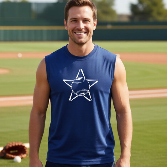 A man smiling in front of a baseball diamond wearing a royal blue sleeveless t-shirt, with a white graphic of a star made of baseball bats and a ball in the middle, printed on the front.