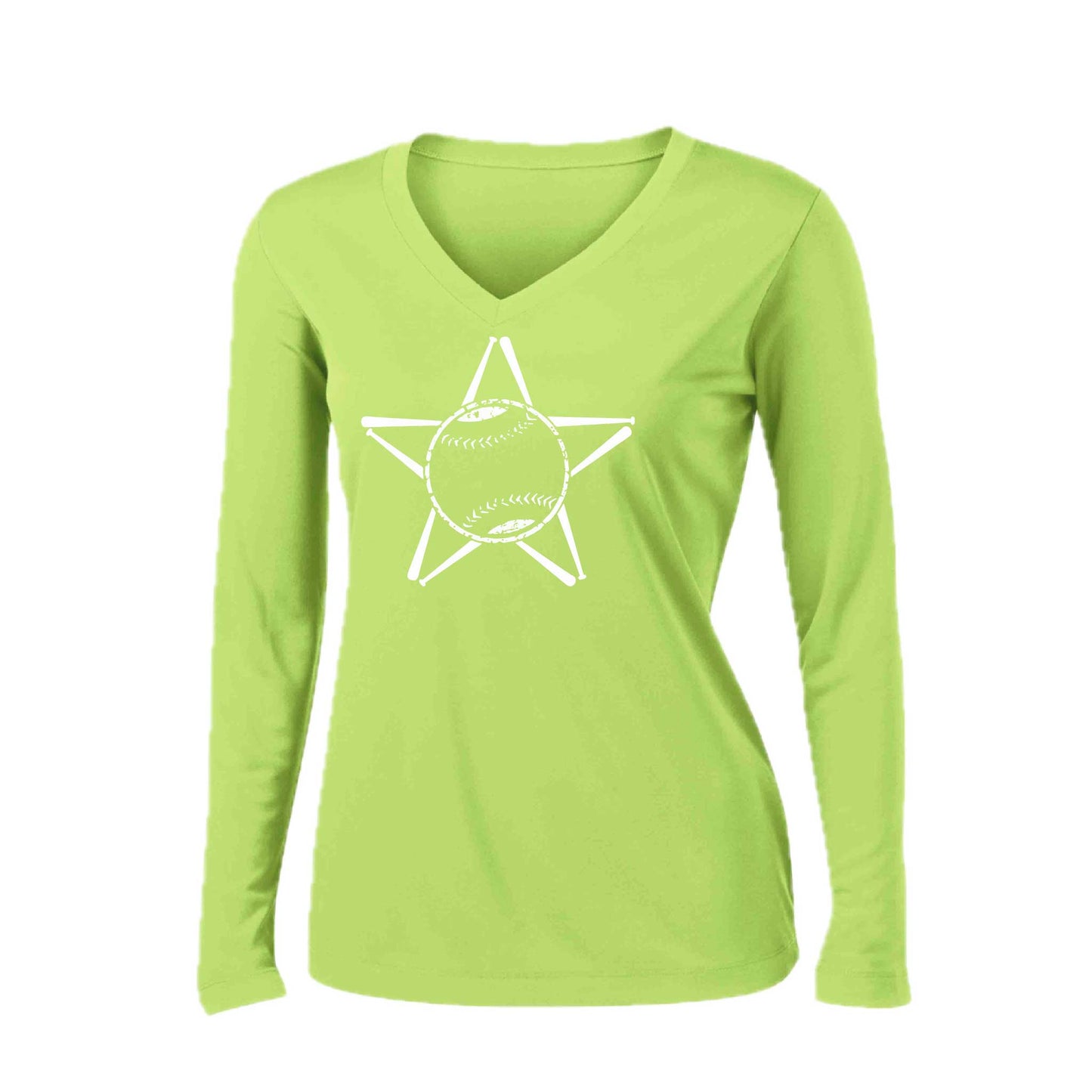 Baseball Star | Women’s Long Sleeve V-Neck Baseball Performance T-Shirt | 100% Polyester