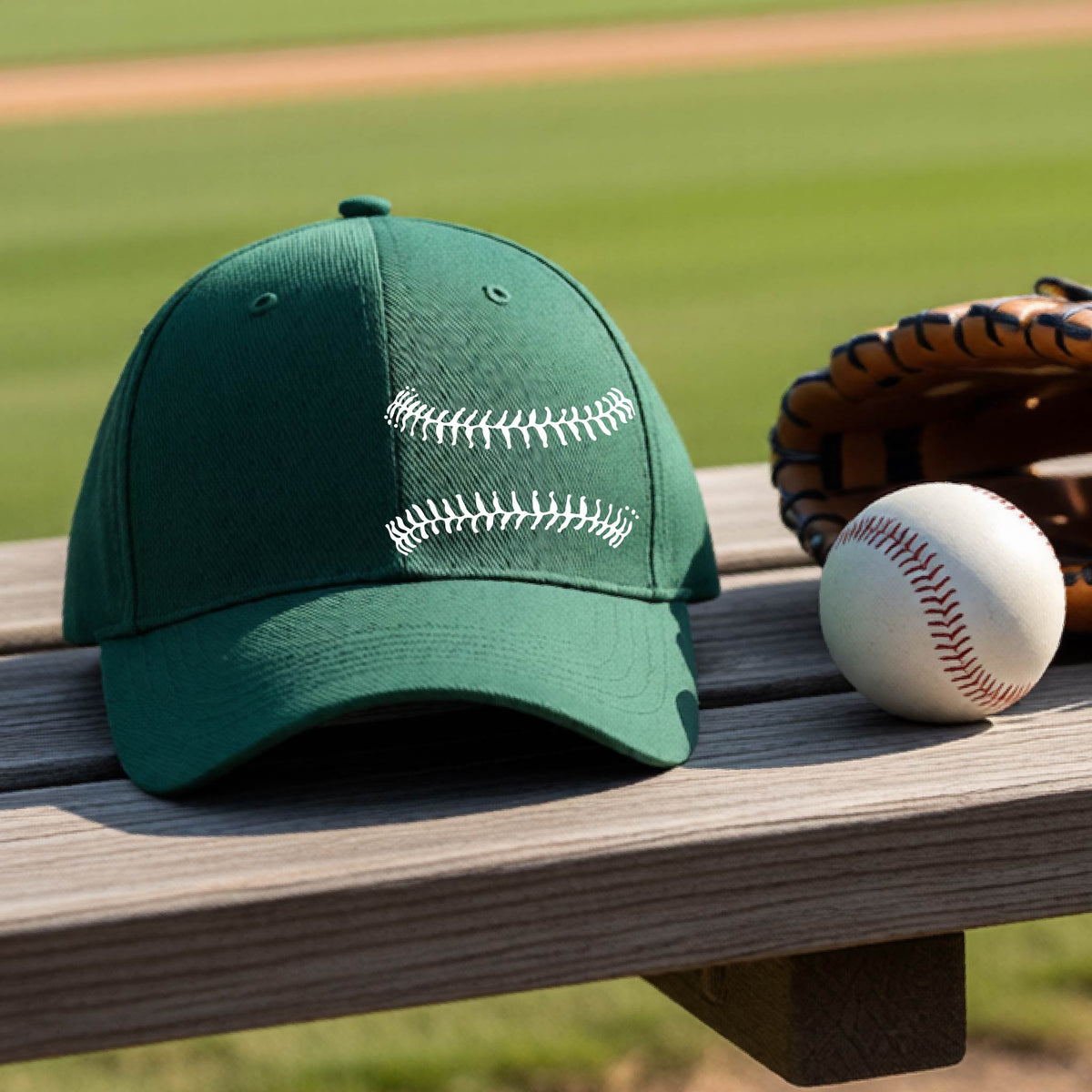 A closeup of a green baseball hat on an outdoor bench in front of a baseball diamond, with a white graphic of baseball stitches, printed on the front.