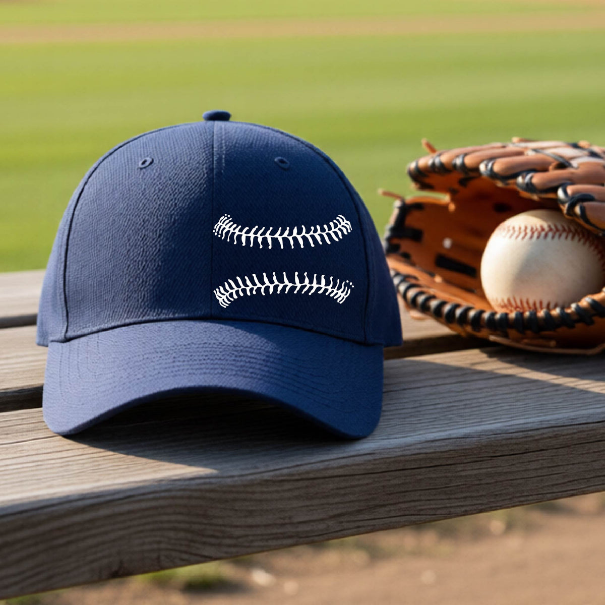 A closeup of a navy blue baseball hat on an outdoor bench in front of a baseball diamond, with a white graphic of baseball stitches, printed on the front.