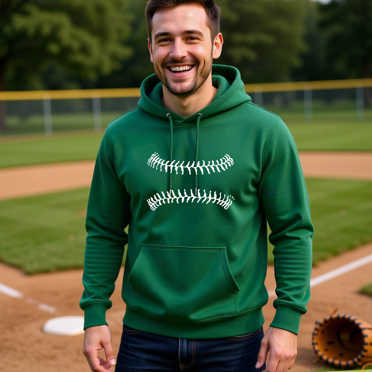 A woman smiling in front of a baseball diamond wearing a green hoodie pullover, with a white graphic of baseball stitches, printed on the front.