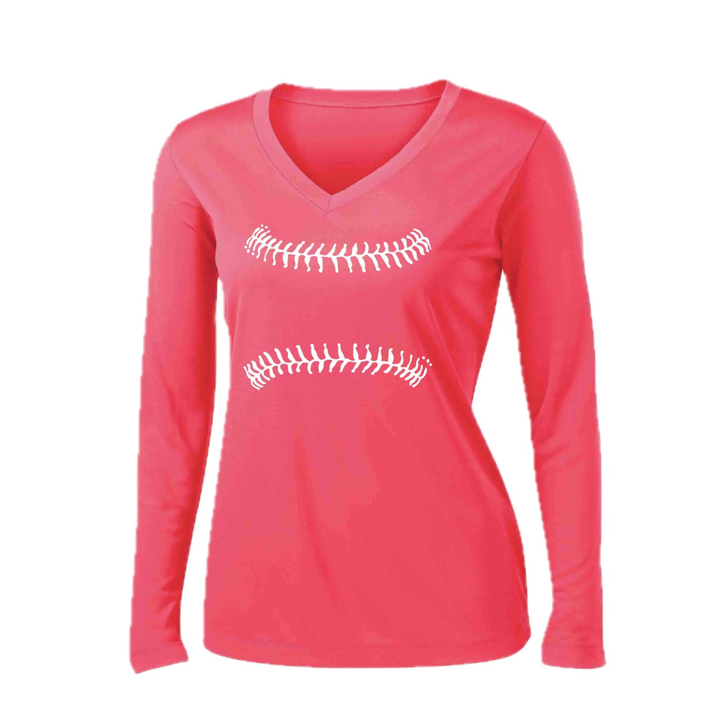 Baseball Stitches | Women’s Long Sleeve V-Neck Baseball Performance T-Shirt | 100% Polyester