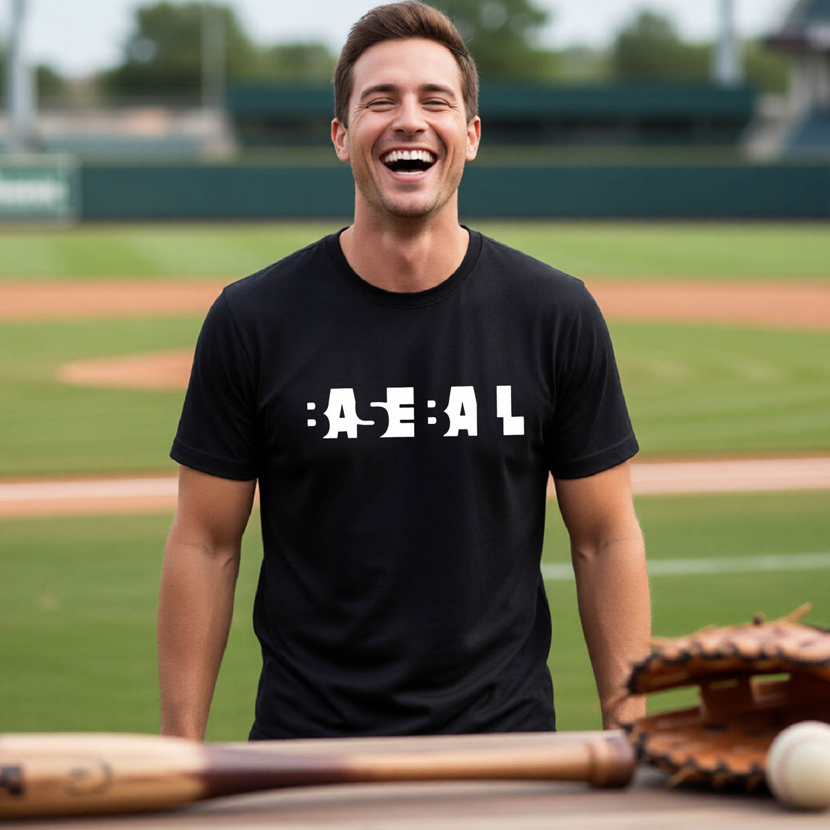 A man laughing on a baseball field wearing a black t-shirt with the white text 'BASEBALL' printed on the front. A baseball bat, glove, and ball are visible in the foreground.