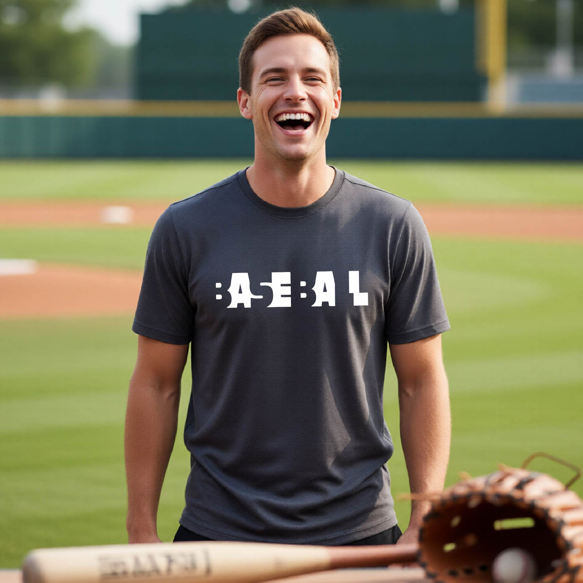 A man laughing on a baseball field wearing a dark gray t-shirt with the white text 'BASEBALL' printed on the front. A baseball bat, glove, and ball are visible in the foreground.