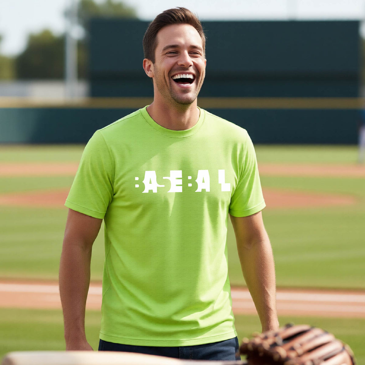 A man laughing on a baseball field wearing a lime green t-shirt with the white text 'BASEBALL' printed on the front. A baseball bat, glove, and ball are visible in the foreground.