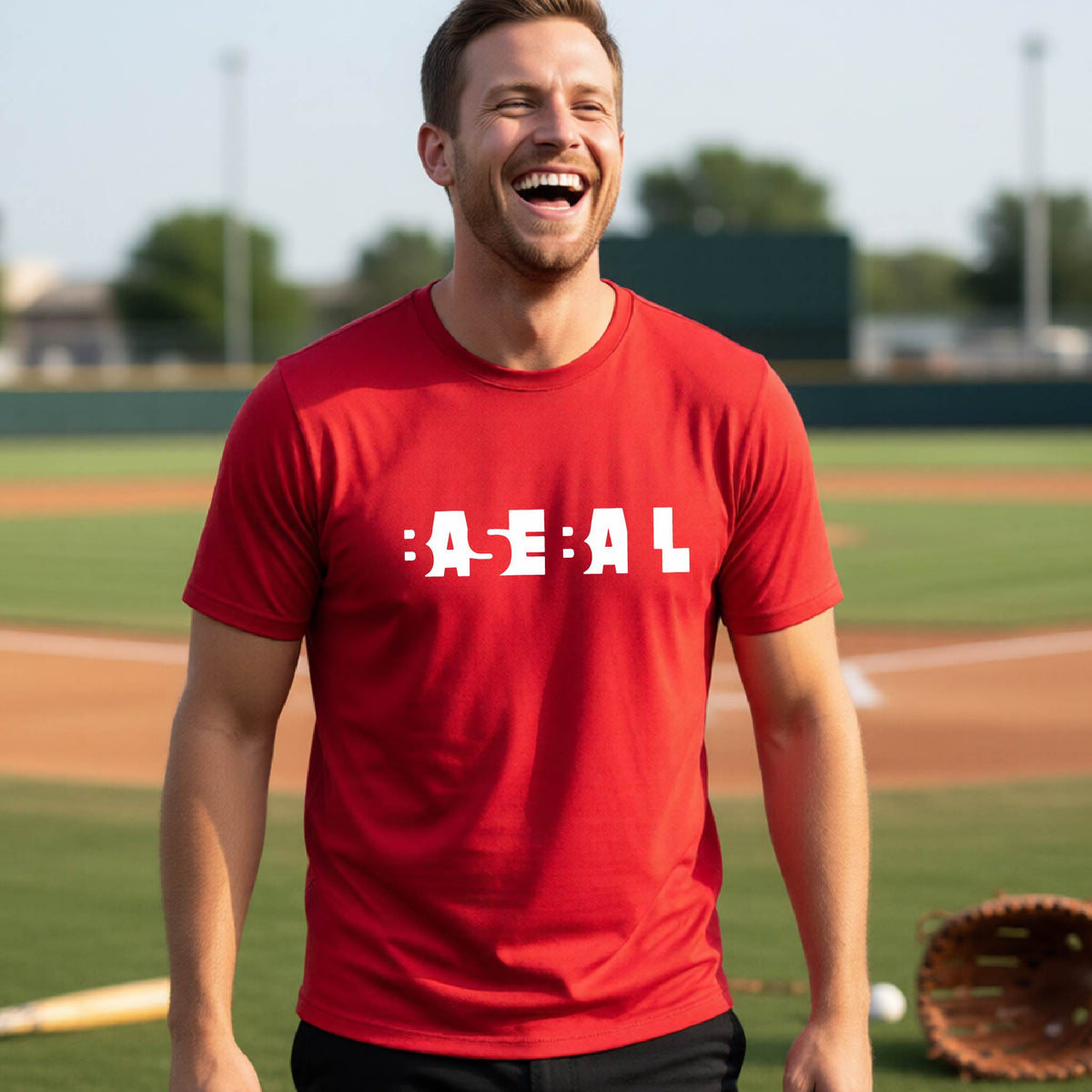 A man laughing on a baseball field wearing a red t-shirt with the white text 'BASEBALL' printed on the front. A baseball bat, glove, and ball are visible in the foreground.