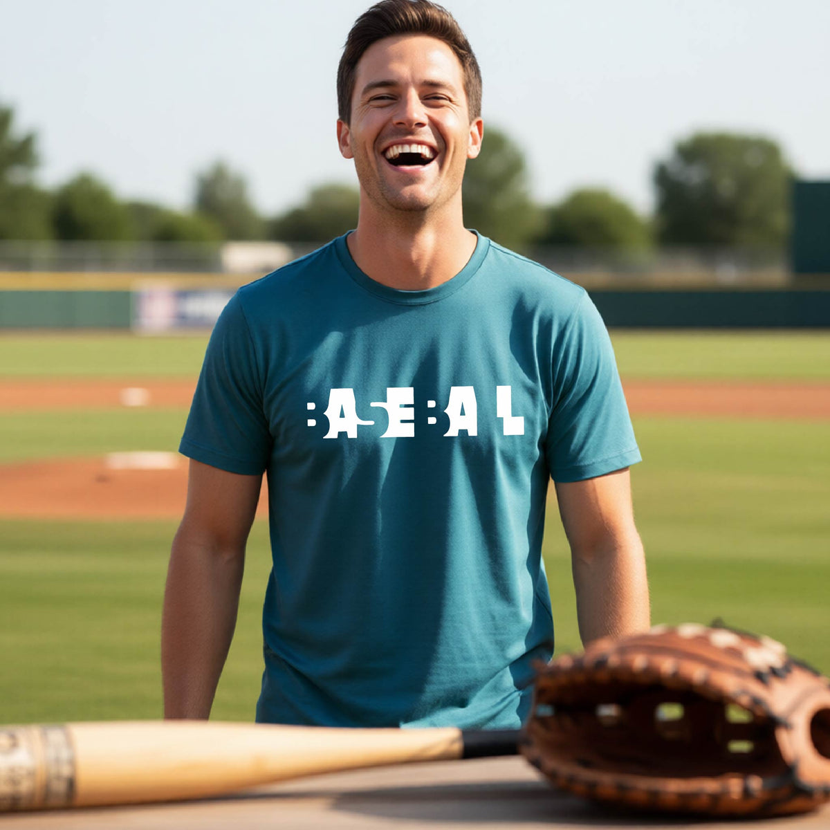 A man laughing on a baseball field wearing a teal t-shirt with the white text 'BASEBALL' printed on the front. A baseball bat, glove, and ball are visible in the foreground.