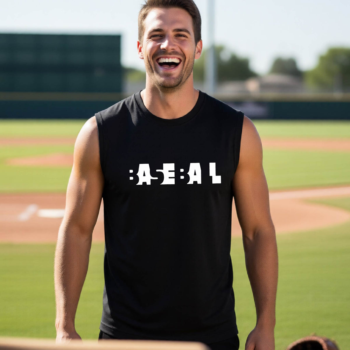 A smiling man wearing a black sleeveless athletic shirt with the white text 'BASEBALL' in a cutout design printed across the chest, standing on a baseball field.