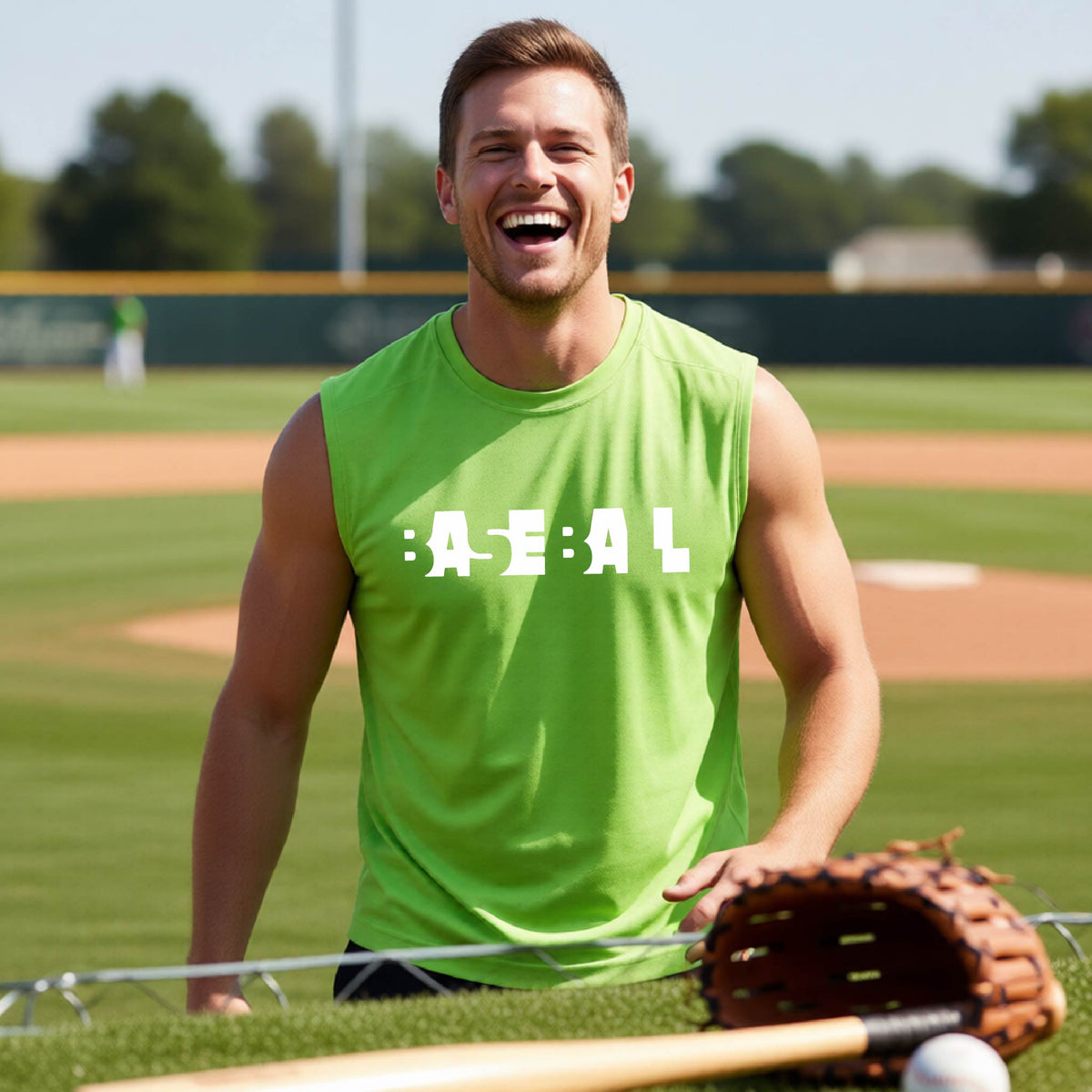 A smiling man wearing a lime green sleeveless athletic shirt with the white text 'BASEBALL' in a cutout design printed across the chest, standing on a baseball field.