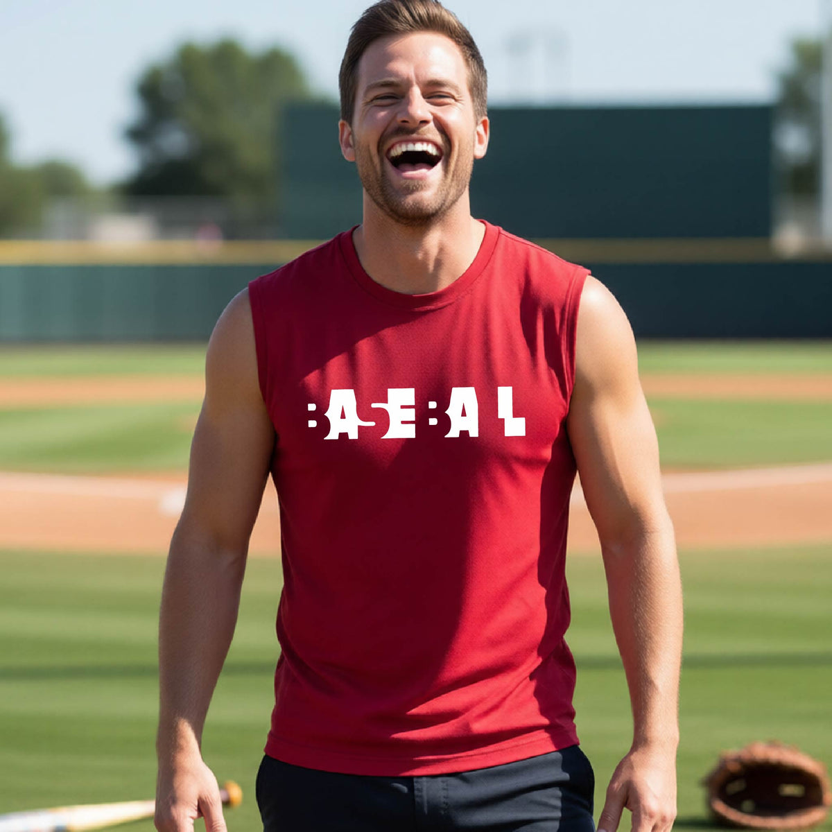 A smiling man wearing a red sleeveless athletic shirt with the white text 'BASEBALL' in a cutout design printed across the chest, standing on a baseball field.